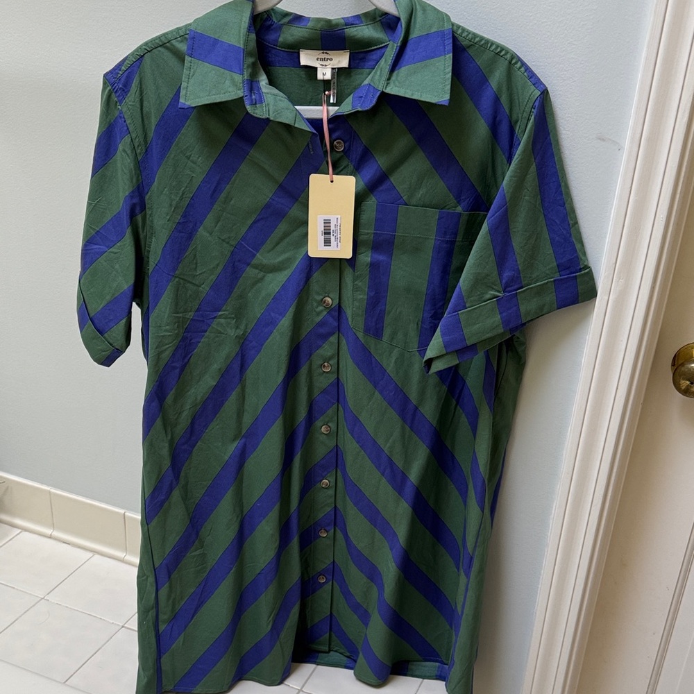 Entro Green and Blue Striped Button-Down Dress
